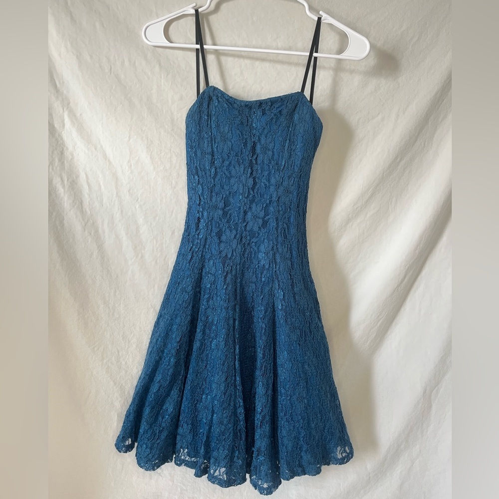 Whimsigoth prom/school dance B Darlin blueteal lace strap/strapless dress sz 3/4